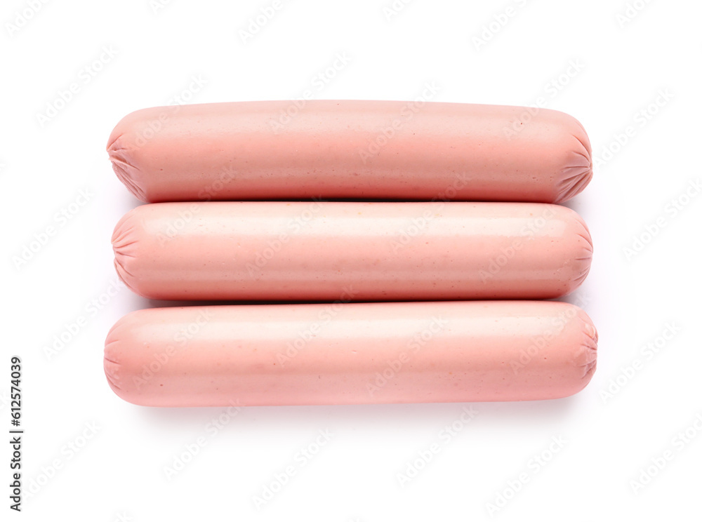 Tasty thin sausages on white background Tasty thin sausages on white background