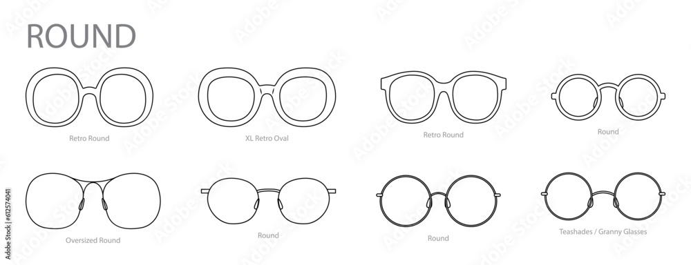 Set of Round frame glasses fashion accessory illustration. Sunglass front view for Men, women, unisex silhouette style, flat rim spectacles eyeglasses with lens sketch style outline isolated on white