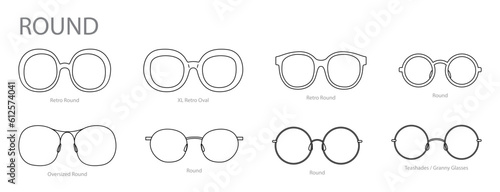 Set of Round frame glasses fashion accessory illustration. Sunglass front view for Men, women, unisex silhouette style, flat rim spectacles eyeglasses with lens sketch style outline isolated on white