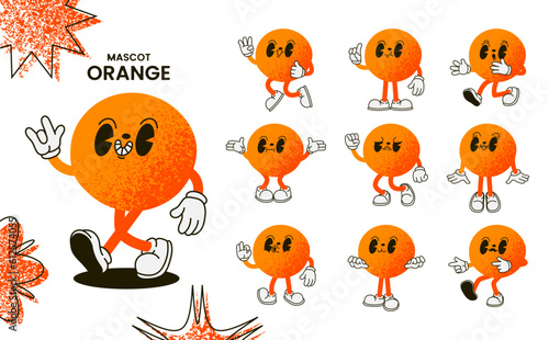 Stickers orange with a cute and happy character, 90s style. Helper vector set retro 60s 70s cartoon style. Cartoon groovy character mascot, and gloved hands. 