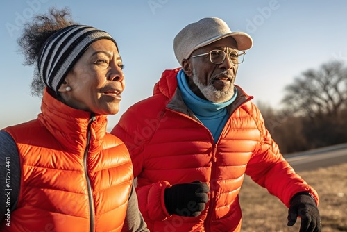 An adult African American couple is jogging in the park. Generative AI