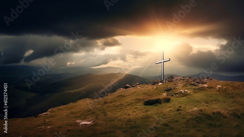 A realistic photography with christian catholic cross on the hills. Create with generative ai. 