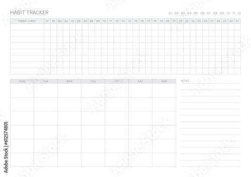 Habit tracker design template in a modern, simple, and minimalist style. Note, scheduler, diary, calendar, planner document template illustration.