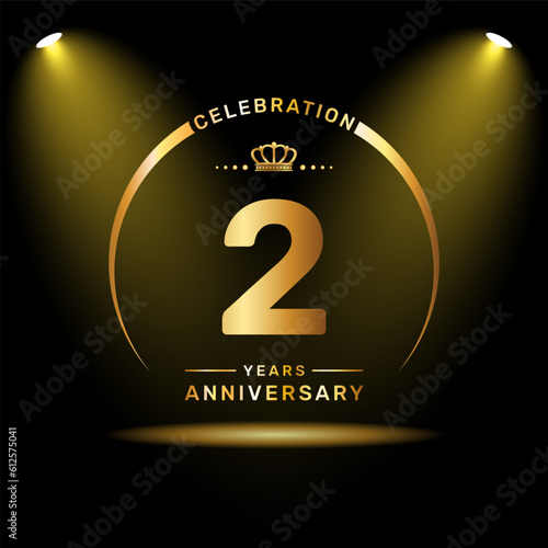 2nd year anniversary celebration logo design with gold color number and ring, logo vector template