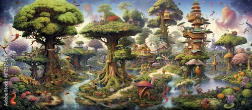 A beautiful scenario with coloful trees, houses, flowers. Fantasy. Enchanting. Create with generative ai.