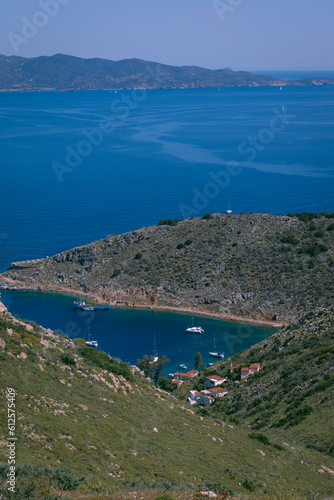 Top view of a small beach in Hydra a Greek island 