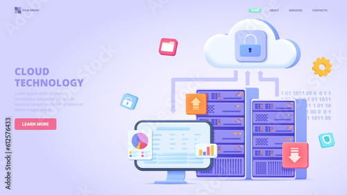 Cloud technology, data server, remote database, cloud computing, data centre, remote data storage, saas. 3d design concept for landing page. Three dimensional vector illustration for website, banner.