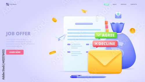 Successful recruitment, get job offer, contract, hiring process, human resource management. 3d design concept for landing page. Three dimensional vector illustration for website, banner.