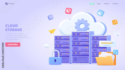 Cloud technology, data server, remote database, cloud computing, data centre, remote data storage, saas. 3d design concept for landing page. Three dimensional vector illustration for website, banner.