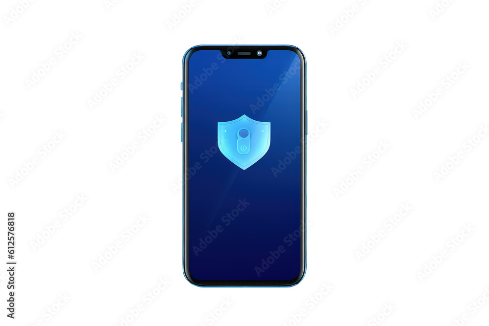 Mobile phone with shield icon isolated on transparent background, online security concept, Generative AI Mobile phone with shield icon isolated on transparent background, online security concept, Generative AI