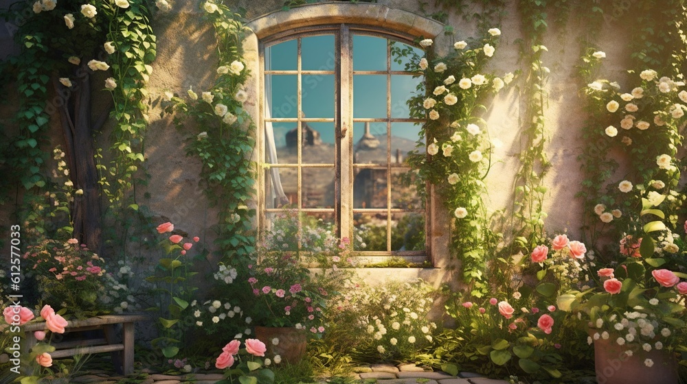A beautiful enchanting view of a window with plants and flowers in a sunrise. Create with generative ai.
