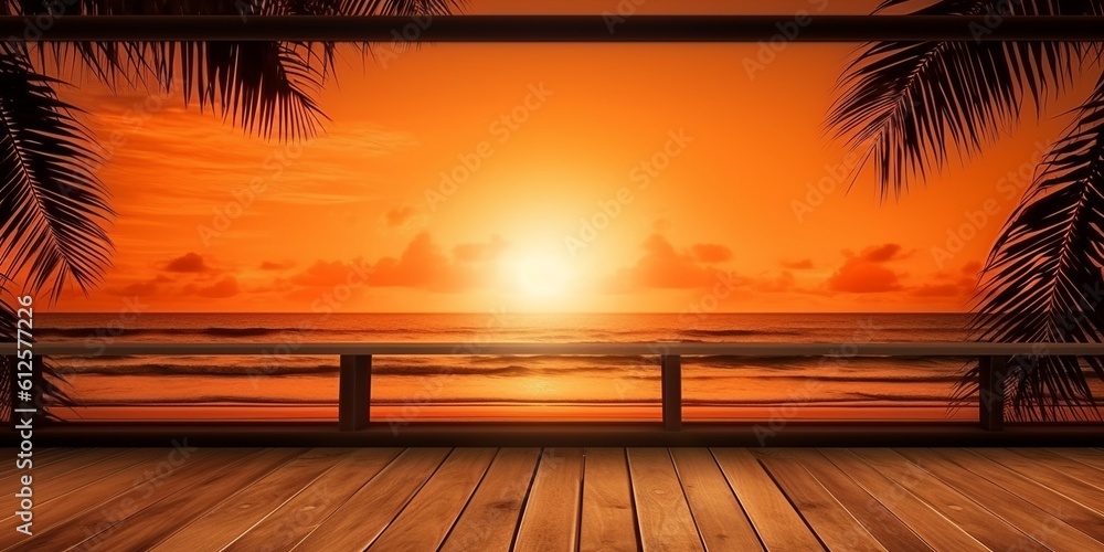 A empty wooden table podium product display showcase with beach background sunrise. Create with generative ai. A empty wooden table podium product display showcase with beach background sunrise. Create with generative ai.