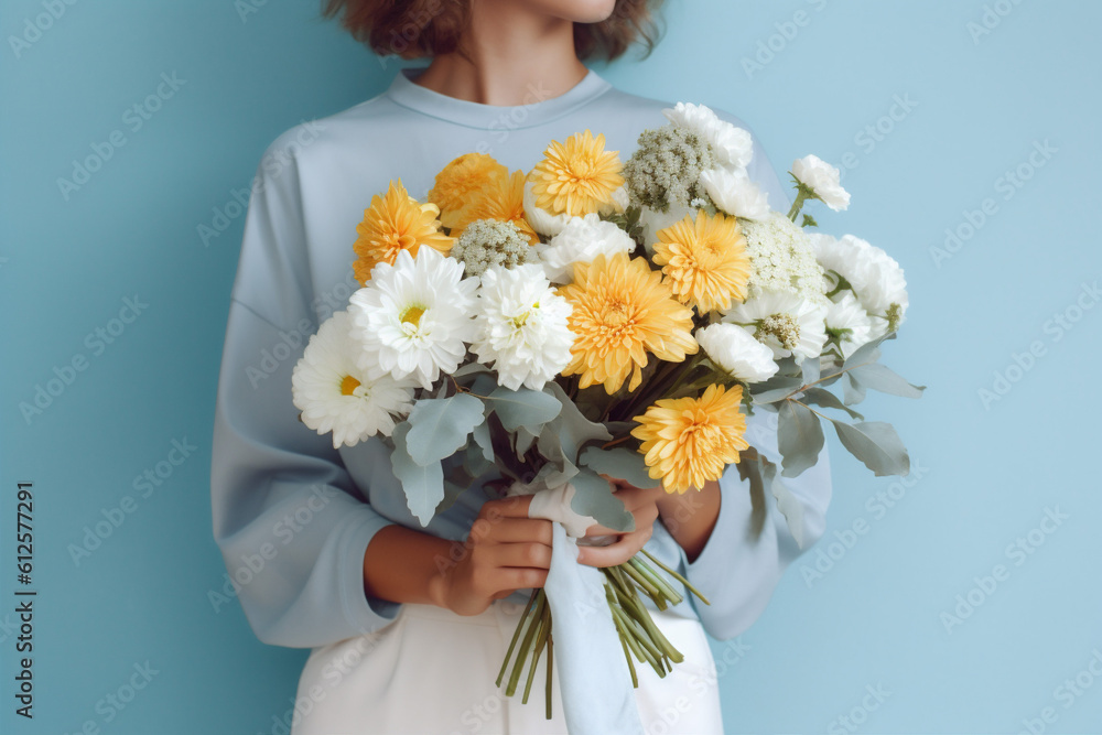 woman sweater blue floral hand gift white flower yellow bouquet romantic. Generative AI. woman sweater blue floral hand gift white flower yellow bouquet romantic. Generative AI.