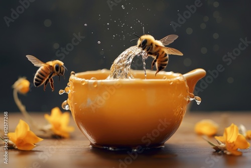 bee pouring out water over a pot of honey. Generative AI