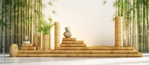 A beautiful podium stage mockup with empty space to promote products with bamboo trees  wooden  eco friendly. Create with generative ai.