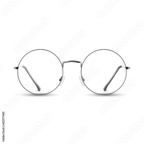 Vector 3d Realistic Grey Silver Round Frame Glasses. Colorless Transparent Sunglasses for Women and Men, Accessory. Optics, Lens, Vintage, Trendy Glasses. Front, Top View