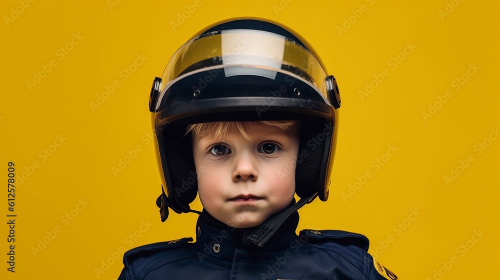 A portrait realistic photo with boy wearing police officer clothes with helmet in a yellow background. Create with generative ai. A portrait realistic photo with boy wearing police officer clothes with helmet in a yellow background. Create with generative ai.
