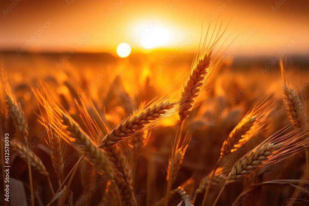 Close-up shot of ears of wheat during sunset. Generative AI. Close-up shot of ears of wheat during sunset. Generative AI.