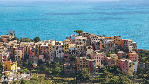 Fototapeta Naklejka Na Ścianę i Meble -  Aerial view of modern buildings near the sea in Cinque Terre, Italy