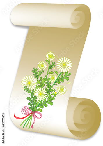 Retro letter page with a bouquet of daisy flowers. Vintage parchment with flowers and place for your text, object isolated. 