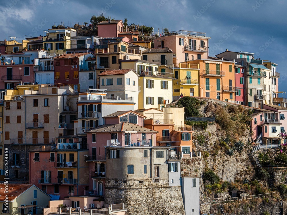 Low-angle view of modern buildings in Cinque Terre, Italy