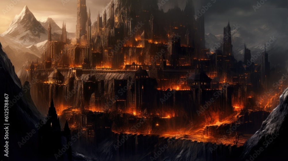Fantasy Illustration of a Gigantic Dark City Citadel in the Mountains. Generative AI. Fantasy Illustration of a Gigantic Dark City Citadel in the Mountains. Generative AI.