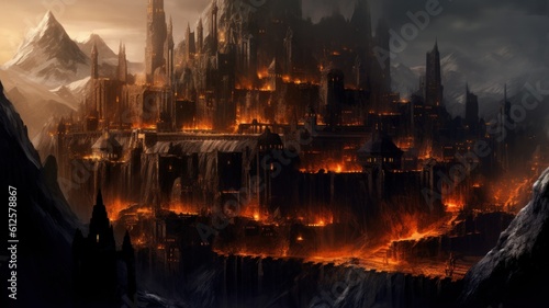 Fantasy Illustration of a Gigantic Dark City Citadel in the Mountains. Generative AI. © Tuyres