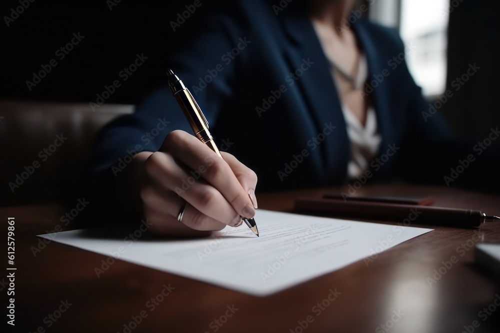A woman signing a legal or professional document or contract. Generative AI. A woman signing a legal or professional document or contract. Generative AI.