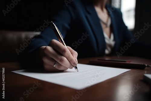 A woman signing a legal or professional document or contract. Generative AI. 