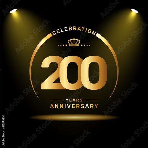 200th year anniversary celebration logo design with gold color number and ring, logo vector template