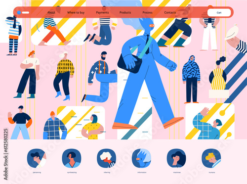 Artificial intelligence, AI and humanity -modern flat vector concept illustration of AI character walking among people in everyday life. Metaphor of AI advantage, benefit, friendliness concept