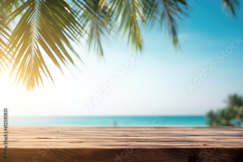 Paradisiacal beach with empty wooden table in front of it, IA generativa