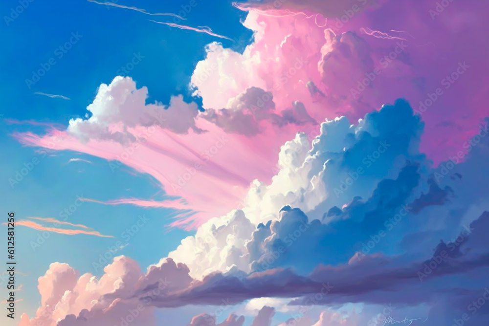 Beautiful pastel color dream-like sky and cloud illustration. Awesome dreamy cloudscape with vivid color. Heaven, zenith, creative, animation style, conceptual sky.  Made with Generative AI