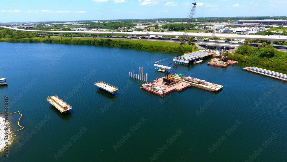 Naklejka premium Drone shot of a Bridge Replacement in Maydell Drive, Tampa, Florida, USA