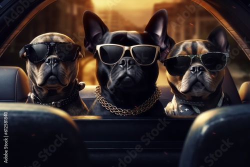 3d render of three gangsta dogs with sunglasses sitting on the back seat of limousine. Generative AI