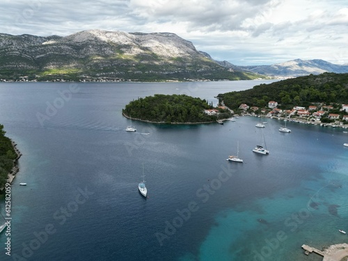 Scenic bird's eye view of boats sailing in the tranquil sea in an evergreen island