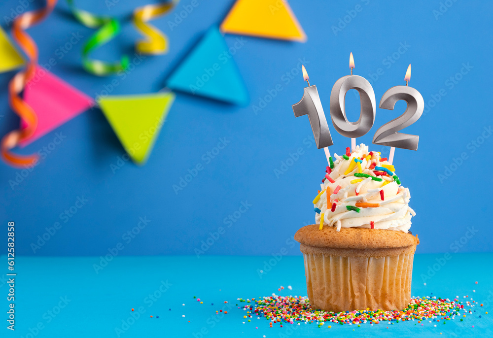 Birthday cake with candle number 102 - Blue background