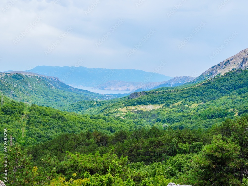 Picturesque nature of Krk island with green vegetation against the skyline of mountains