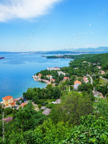 Vertical shot of houses and dense vegetation on the coastline with seascape and blue sky