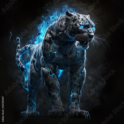 realistic texture animated blue panter mascotte, muscular build, black Background, smoke | Generative AI  photo