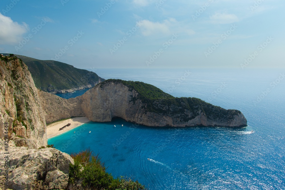 Aerial shot of the Navagio Beach, an exposed cove in the coast of Zakynthos, Ionian Islands, Greece