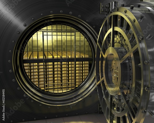 3D rendering illustration of a bank vault door at the gold ingots storage room with lights on