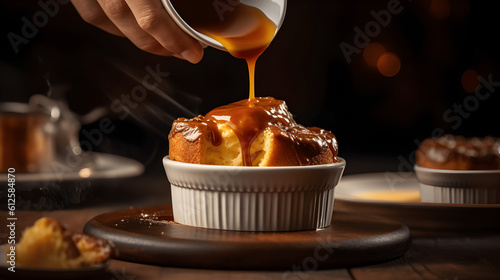 Pouring caramel sauce into a dessert souffle - Generative AI photo