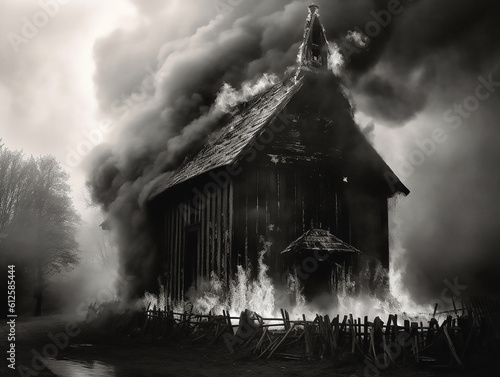 black and white photo of a burning hut