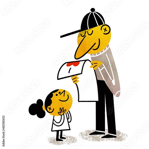 Father's Day Retro Flat Illustration: Daughter and Dad Express Love in Simple Vintage Style