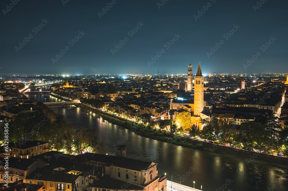 Blue sky over the cityscape of Verona at night
