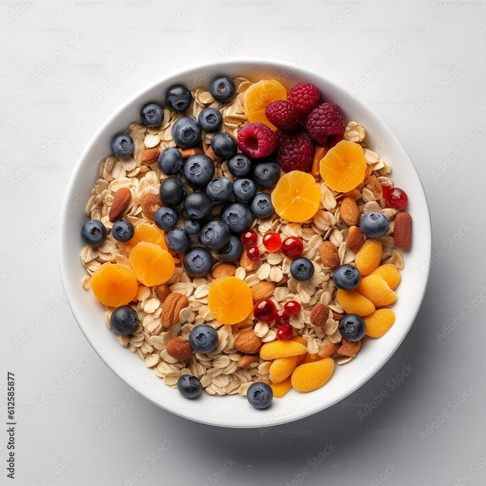 Fruit with blueberries tangerines cranberries oatmeal on a white bowl and minimalist background Fruit with blueberries tangerines cranberries oatmeal on a white bowl and minimalist background