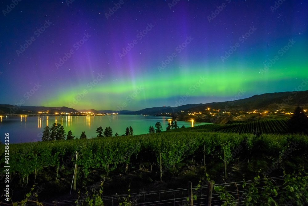 Obraz premium Image of the Northern Lights above the lake, city lights, and a green field.