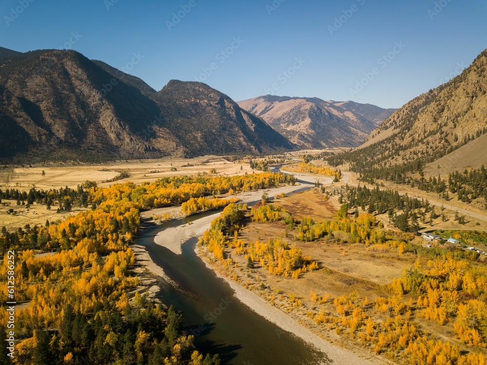 High-angle view of a floodplain in the yellow trees during the fall season.