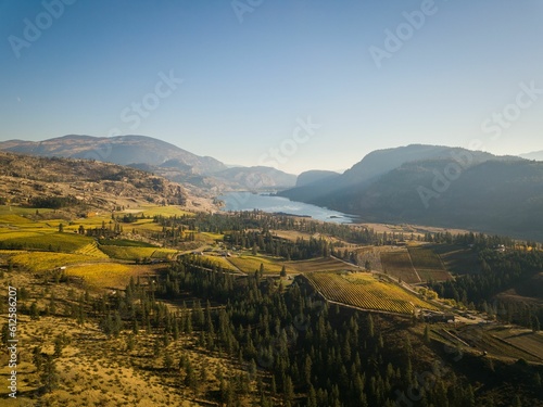 High-angle shot of the Vaseux Lake and vineyards in Okanagan Valley, British Columbia. photo